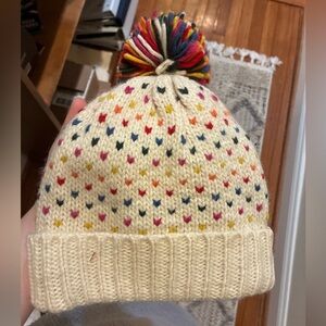 Marine Layer Multicolor Heart Knit Pom Beanie in Cream